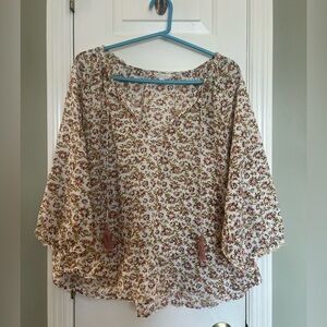 Voloshin Boho Floral 100% Cotton Tassel Peasant Poplin Blouse Top Size L